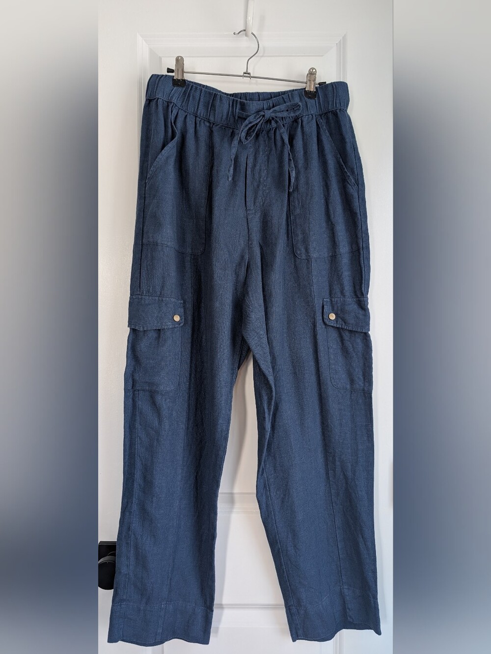 C&C California Women’s 100% Linen Straight Leg Cargo Utility Pants Blue Size Lg